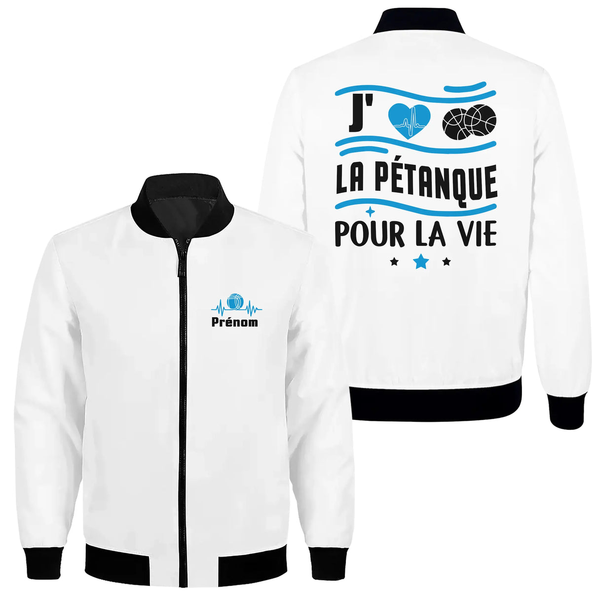 Sweat capuche zippé sport pétanque blanc cassé avec design boules et inscription J'aime la Pétanque