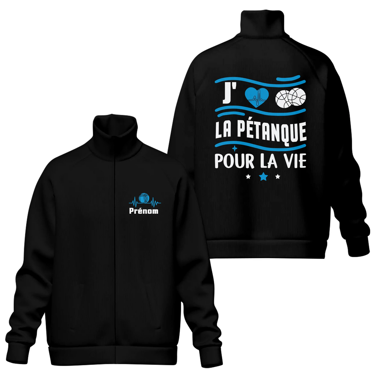 Coupe-vent matelassé sport pétanque noir avec design cœur boules et inscription J'aime la Pétanque