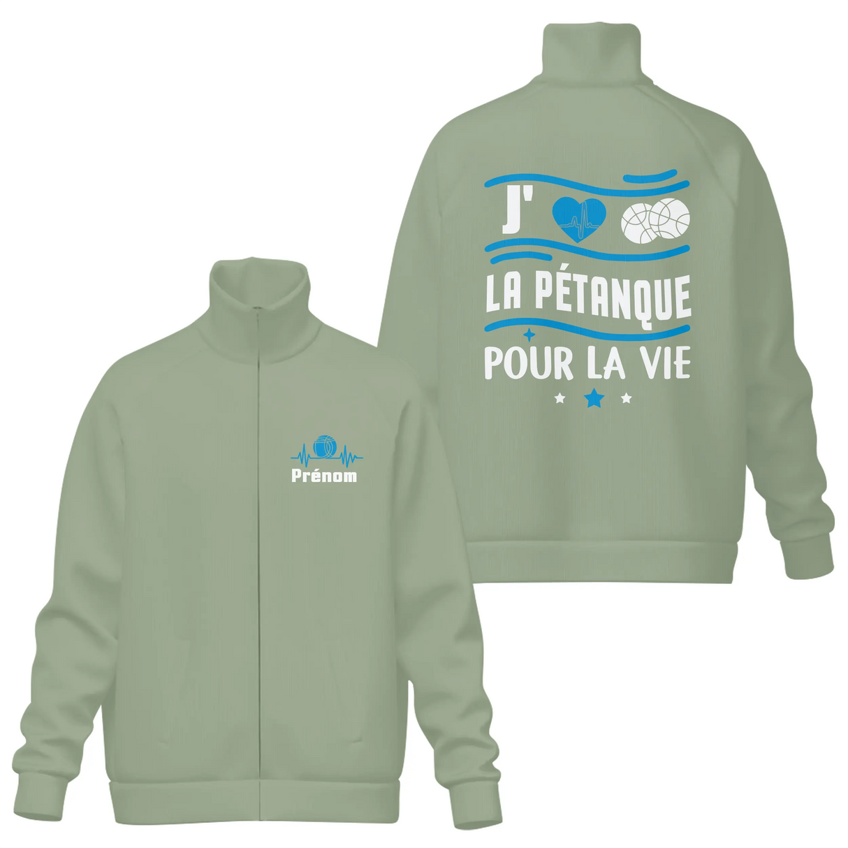 Coupe-vent matelassé sport pétanque vert sapin avec design J'aime la Pétanque et boules brodées