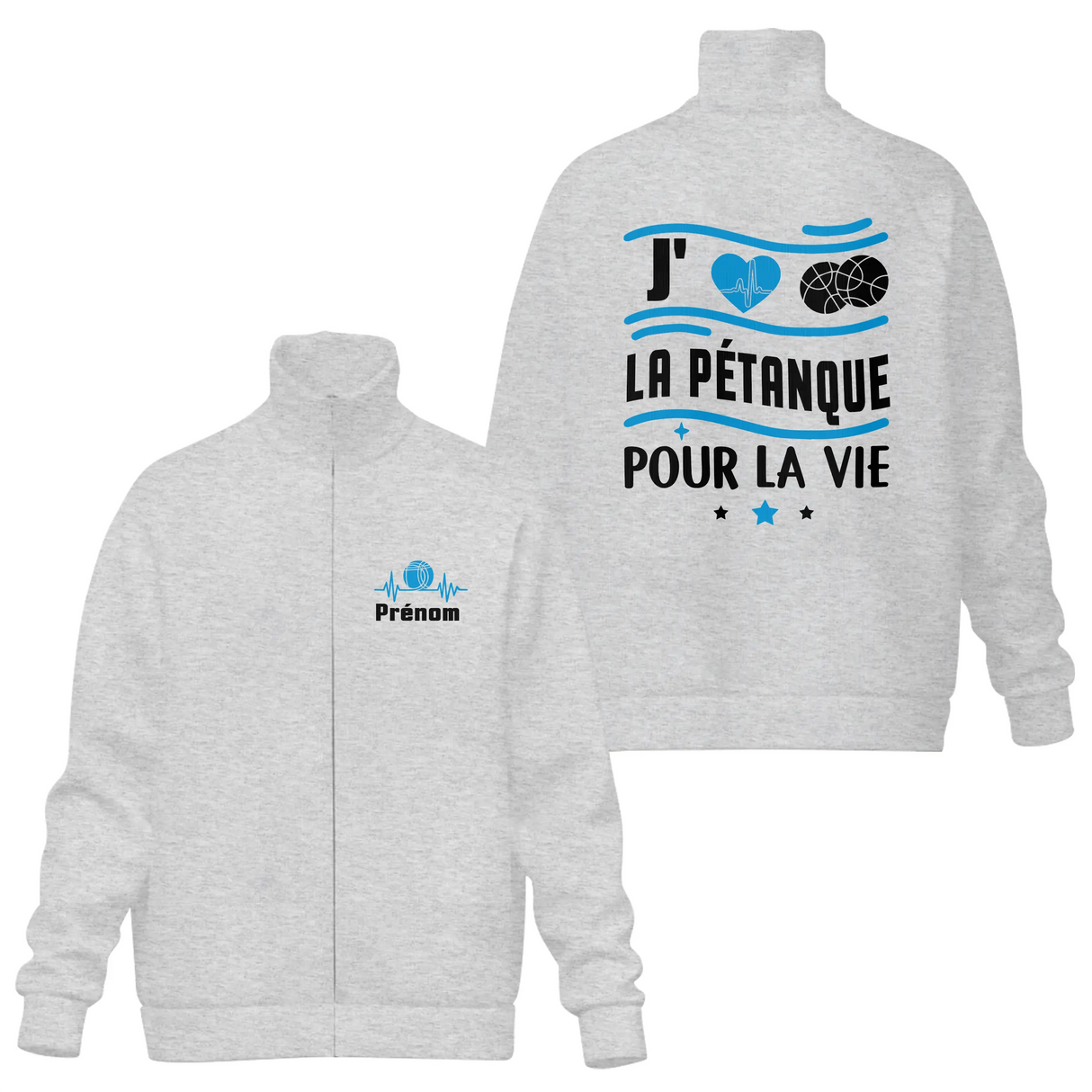 Coupe-vent matelassé sport pétanque gris anthracite avec slogan Pour la Vie et personnalisation prénom