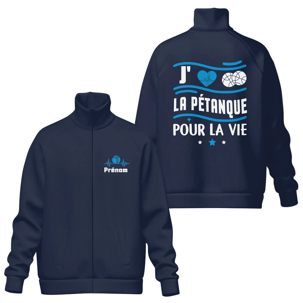 Coupe-vent matelassé sport pétanque bleu marine avec slogan J'aime la Pétanque pour la Vie et boules