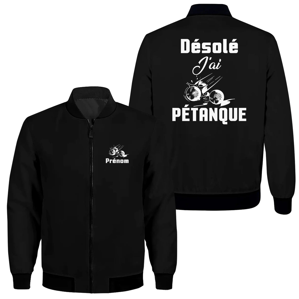 Veste zippée pétanque humour noire avec slogan Désolé J'ai Pétanque et boules en mouvement au dos