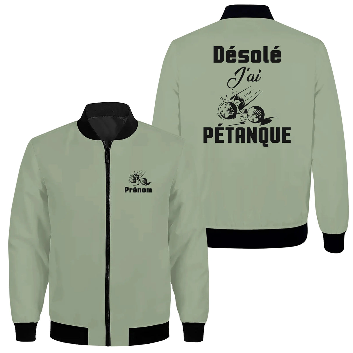 Veste zippée pétanque humour vert sapin avec design Désolé J'ai Pétanque et prénom brodé