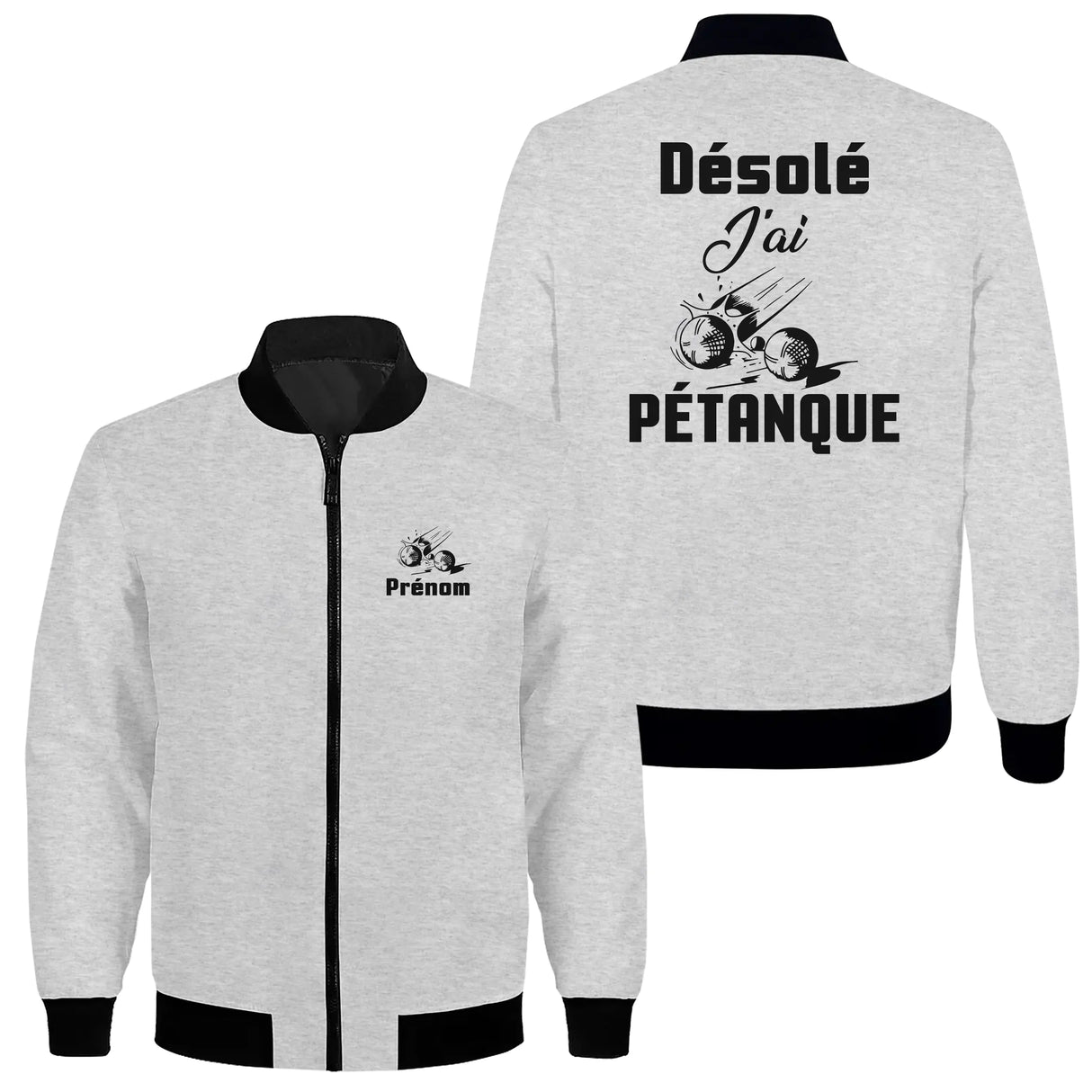 Veste zippée pétanque humour gris anthracite avec inscription Désolé J'ai Pétanque et boules