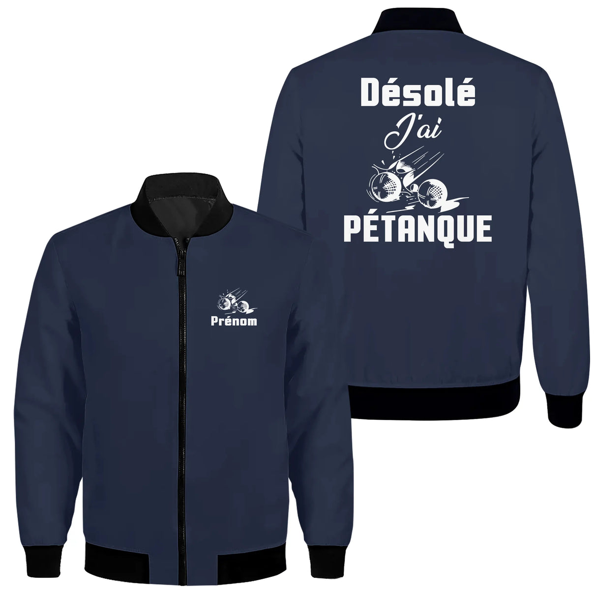 Veste zippée pétanque humour bleu marine avec design Désolé J'ai Pétanque personnalisable prénom