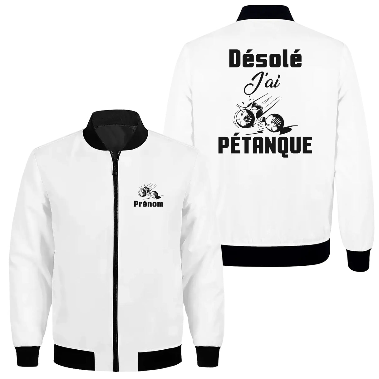 Veste zippée pétanque humour blanche avec inscription Désolé J'ai Pétanque en noir et boules