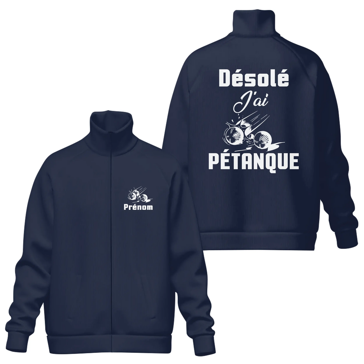 Coupe-vent matelassé pétanque humour bleu marine avec slogan Désolé J'ai Pétanque au dos