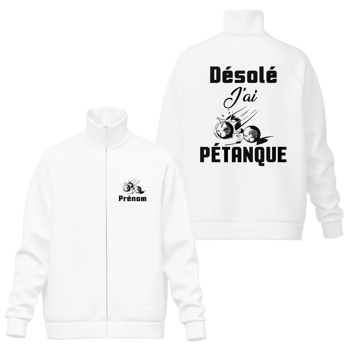 Coupe-vent matelassé pétanque humour blanc avec design Désolé J'ai Pétanque et boules en mouvement