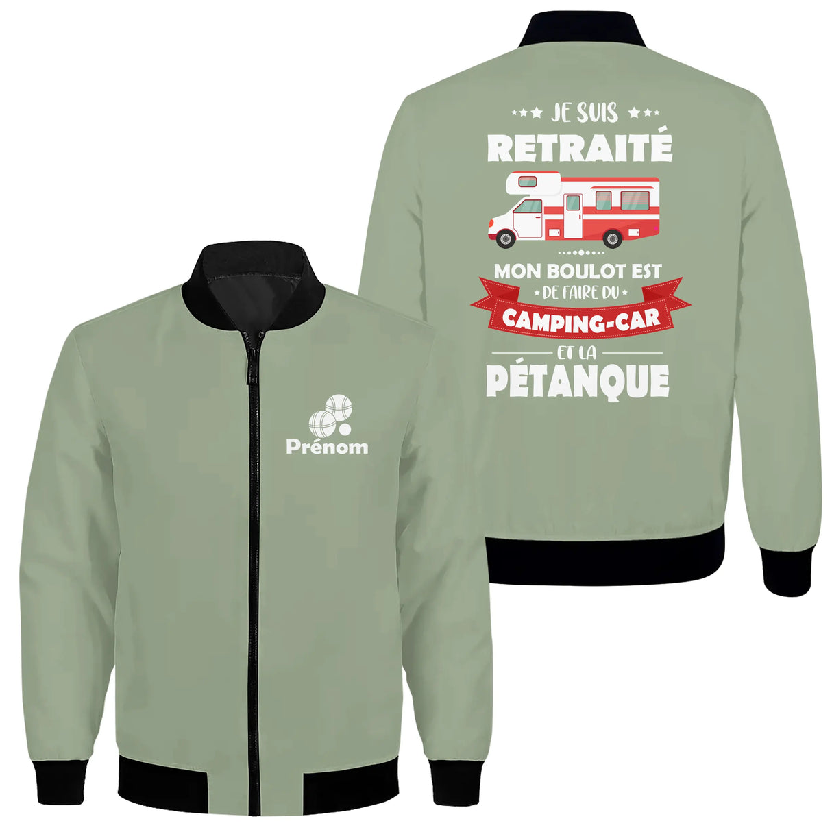 Coupe-vent matelassé retraité camping-car pétanque vert sapin avec design camping-car et personnalisation prénom