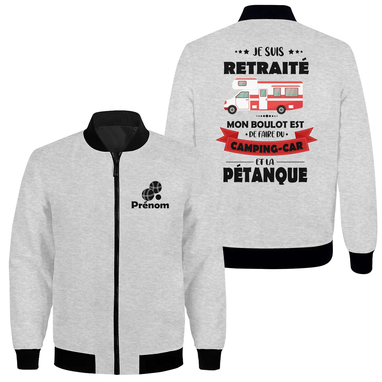 Coupe-vent matelassé retraité camping-car pétanque gris anthracite avec inscription Mon Boulot et boules