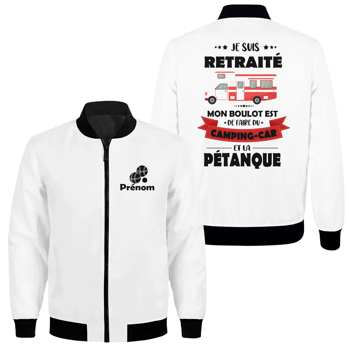 Coupe-vent matelassé retraité camping-car pétanque blanc cassé avec slogan retraite et boules brodées