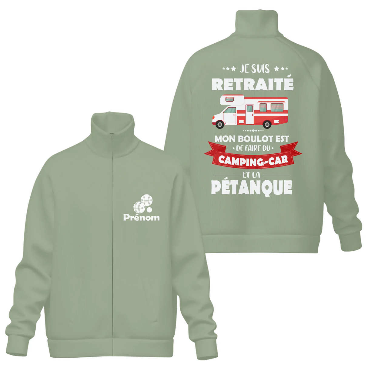 Sweat capuche zippé retraité camping-car pétanque vert sapin avec inscription retraite et boules