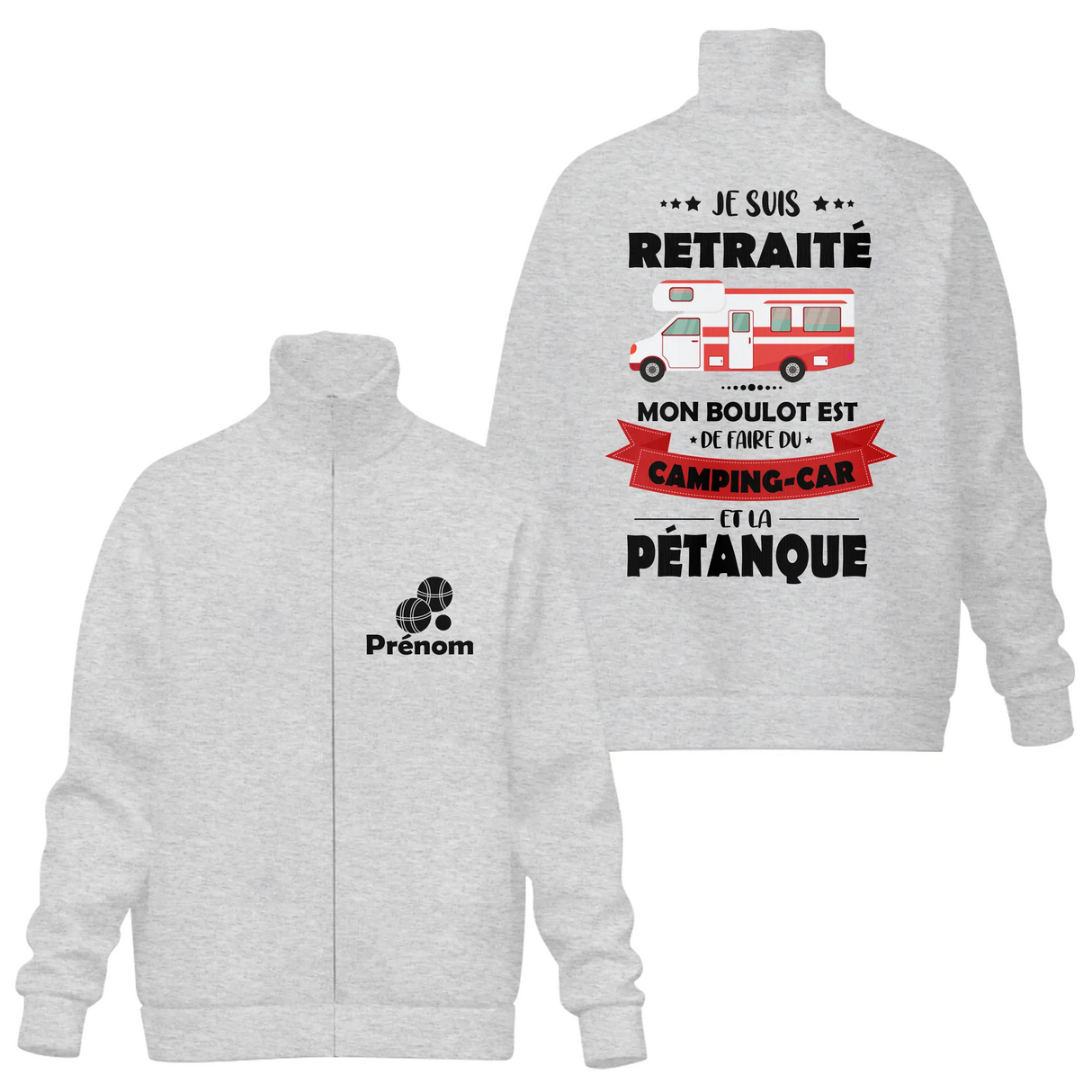 Sweat capuche zippé retraité camping-car pétanque gris anthracite avec design camping-car blanc rouge