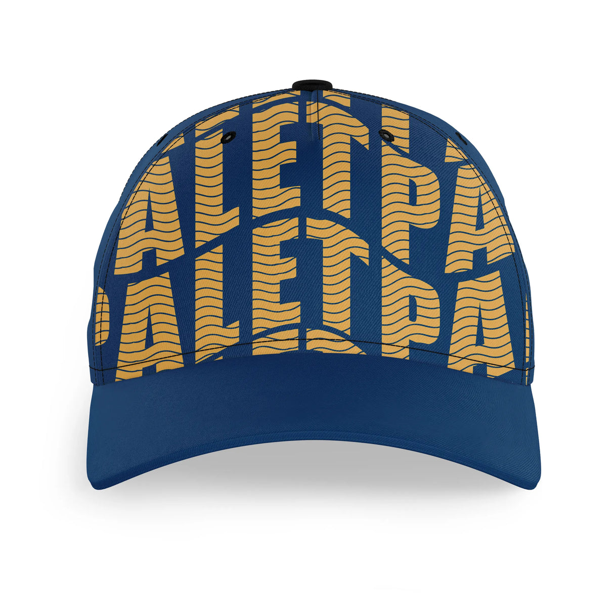 Casquette palet sport bleu marine face design typographique jaune ocre contrasté visière rigide