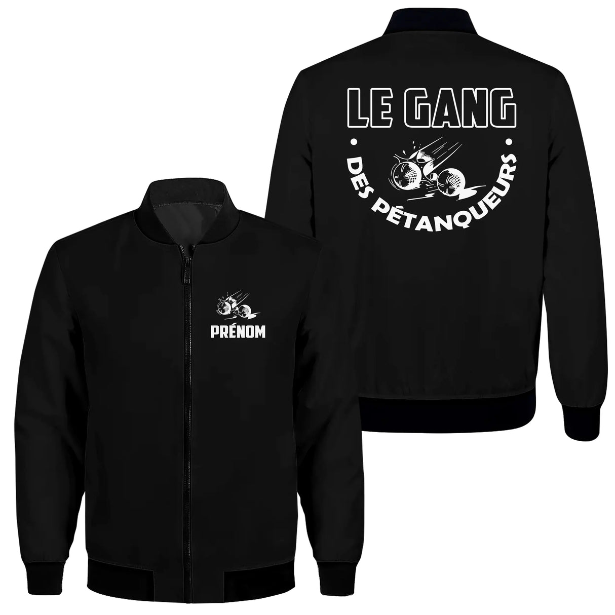 Sweat capuche zippé pétanque Gang des Pétanqueurs noir avec design boules en mouvement et prénom brodé