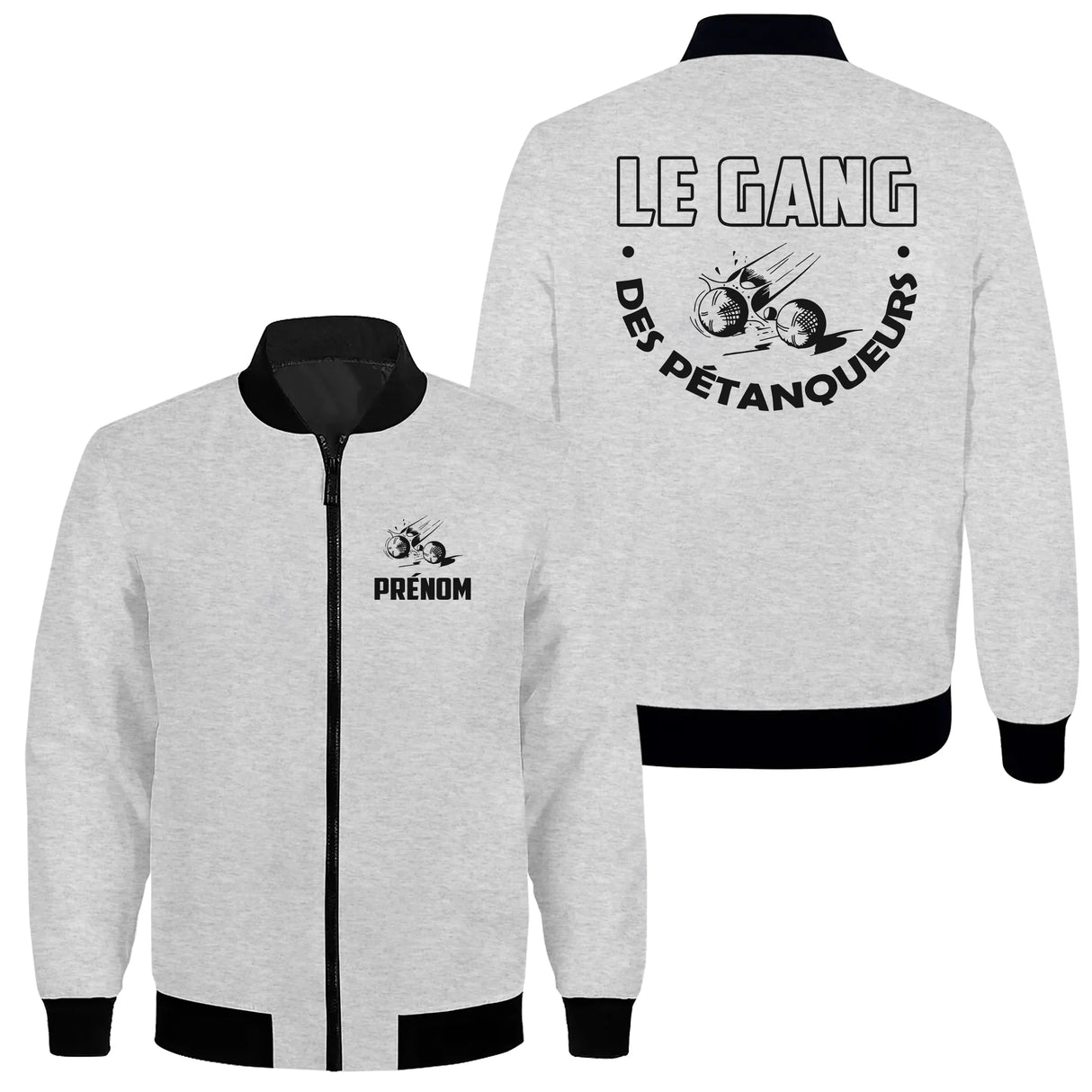 Sweat capuche zippé pétanque Gang des Pétanqueurs gris chiné avec boules et inscription humoristique au dos