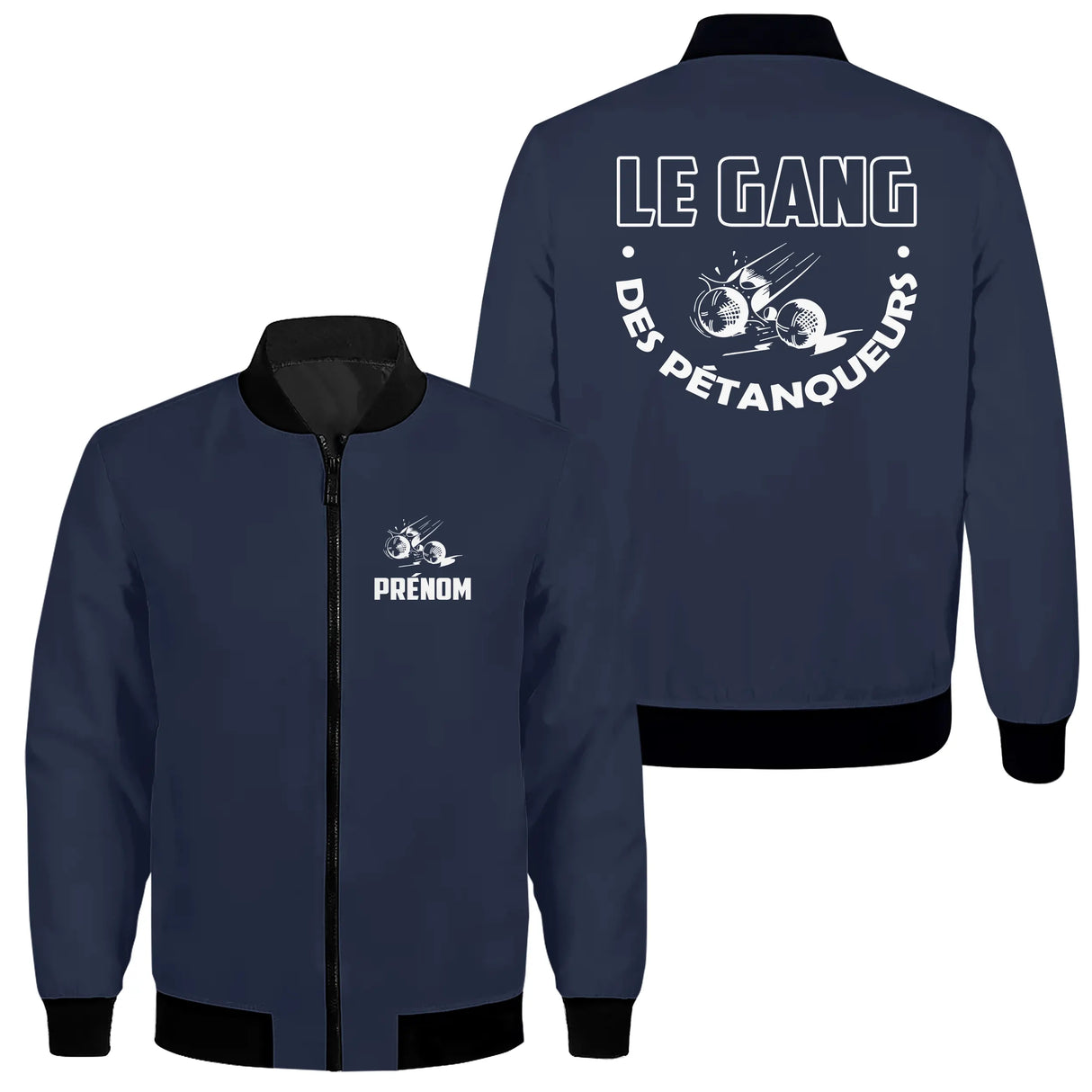 Sweat capuche zippé pétanque Gang des Pétanqueurs bleu marine avec design boules et personnalisation prénom