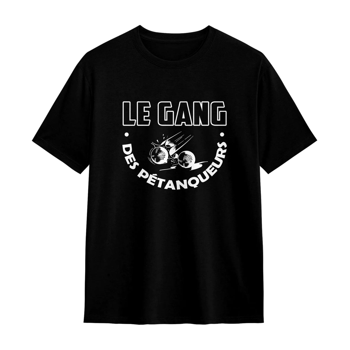 T-shirt pétanque Gang des Pétanqueurs noir avec design Le Gang des Pétanqueurs et boules au dos