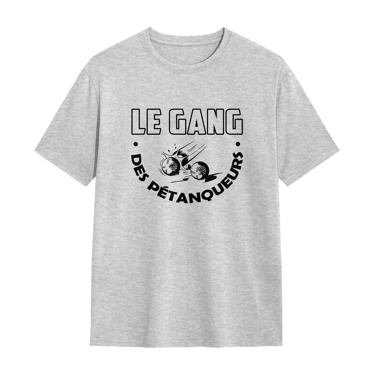 T-shirt pétanque Gang des Pétanqueurs gris chiné avec inscription humoristique et boules en mouvement