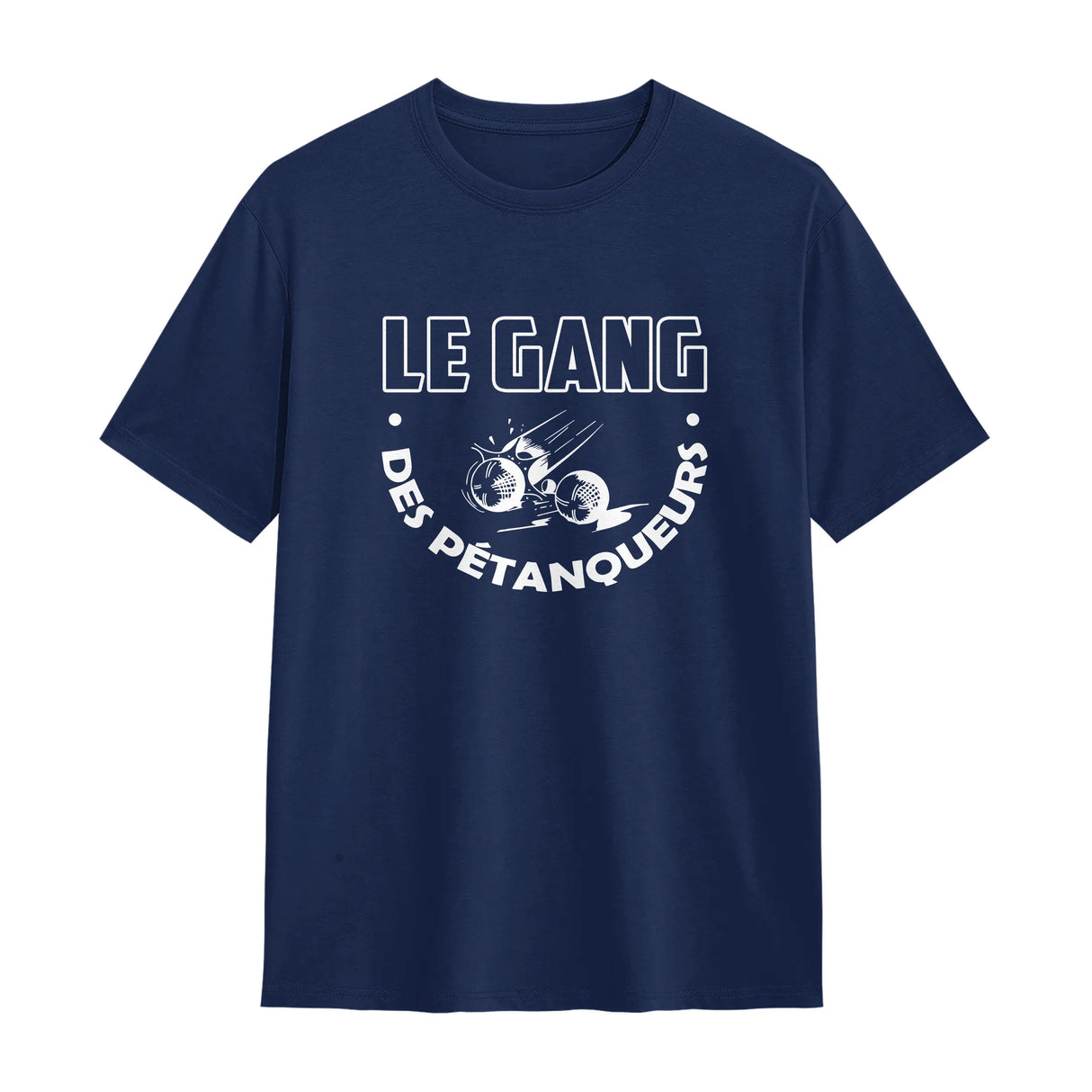 T-shirt pétanque Gang des Pétanqueurs bleu marine avec design Le Gang et personnalisation prénom