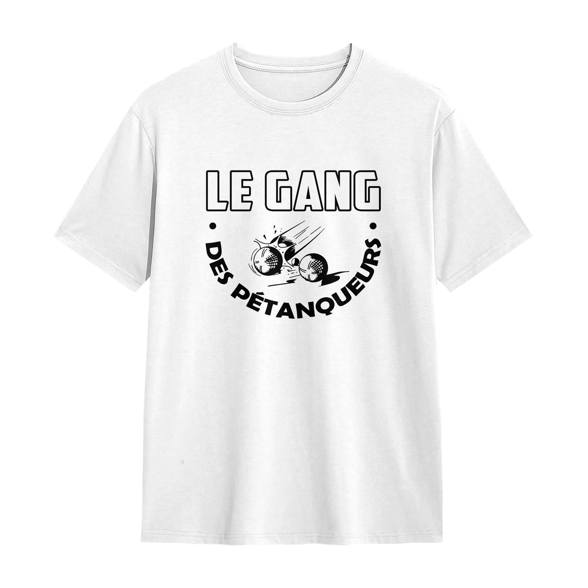 T-shirt pétanque Gang des Pétanqueurs blanc cassé avec inscription humoristique et design boules
