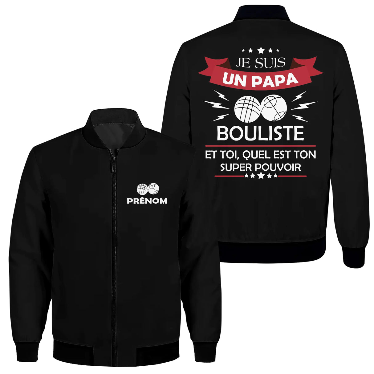 Sweat capuche zippé papa bouliste noir avec slogan Je suis un Papa Bouliste personnalisable prénom