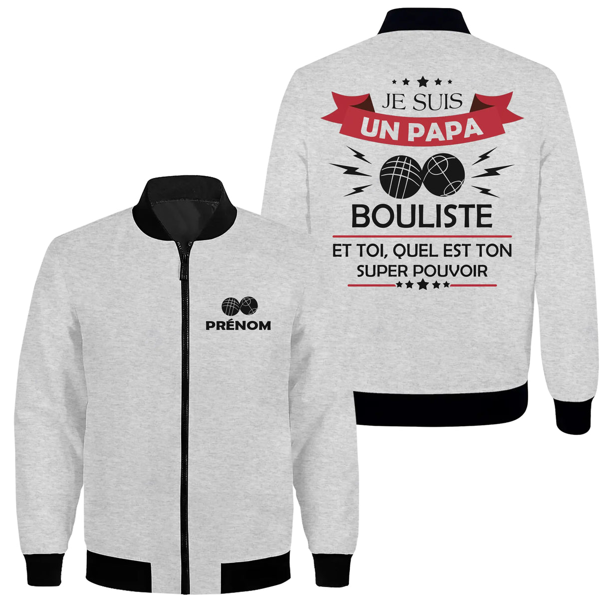 Sweat capuche zippé papa bouliste gris chiné avec design boules et slogan super pouvoir bouliste