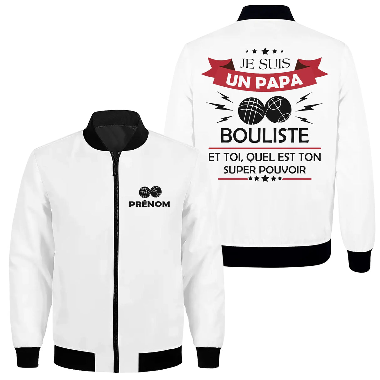 Sweat capuche zippé papa bouliste blanc cassé avec design boules entrecroisées et slogan complice