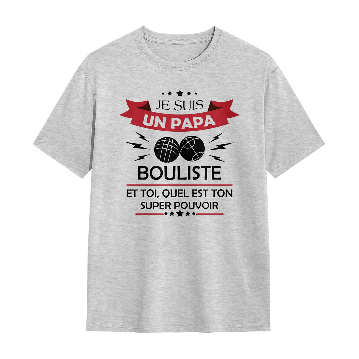 T-shirt papa bouliste pétanque gris chiné avec design Papa Bouliste et personnalisation prénom