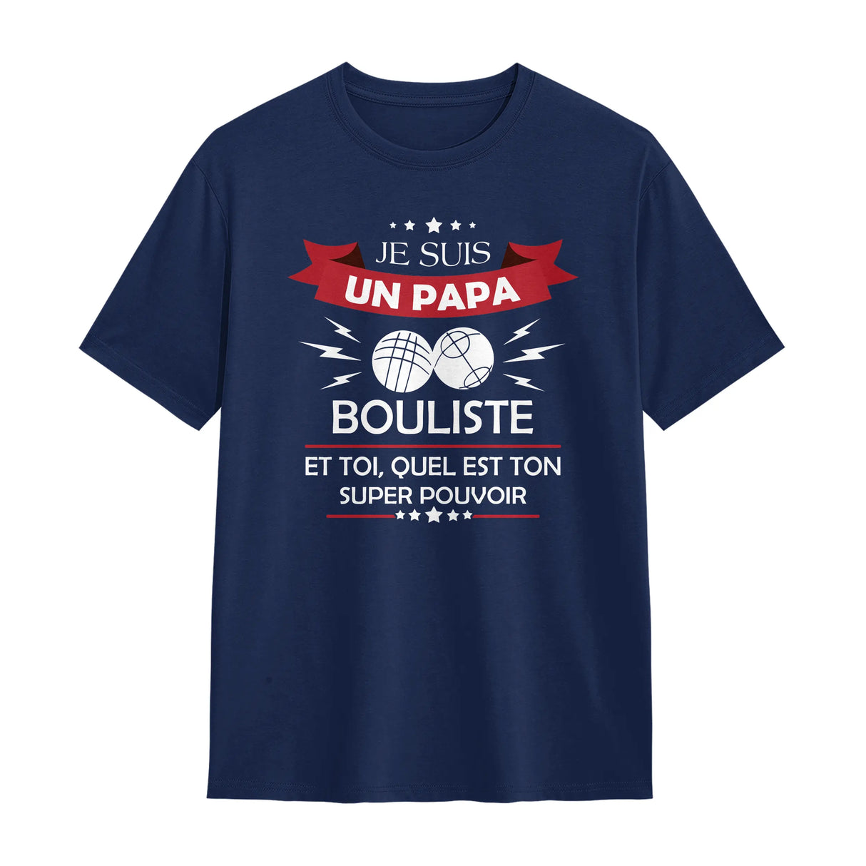 T-shirt papa bouliste pétanque bleu marine avec slogan Papa Bouliste et boules entrecroisées