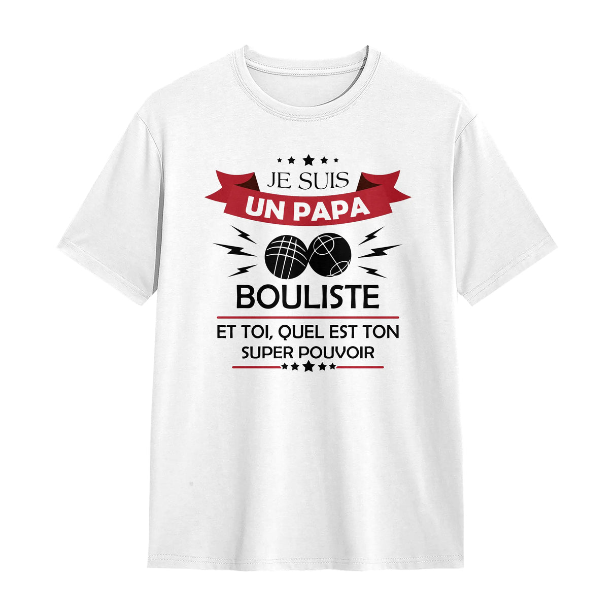 T-shirt papa bouliste pétanque blanc cassé avec design boules et inscription Je suis un Papa Bouliste