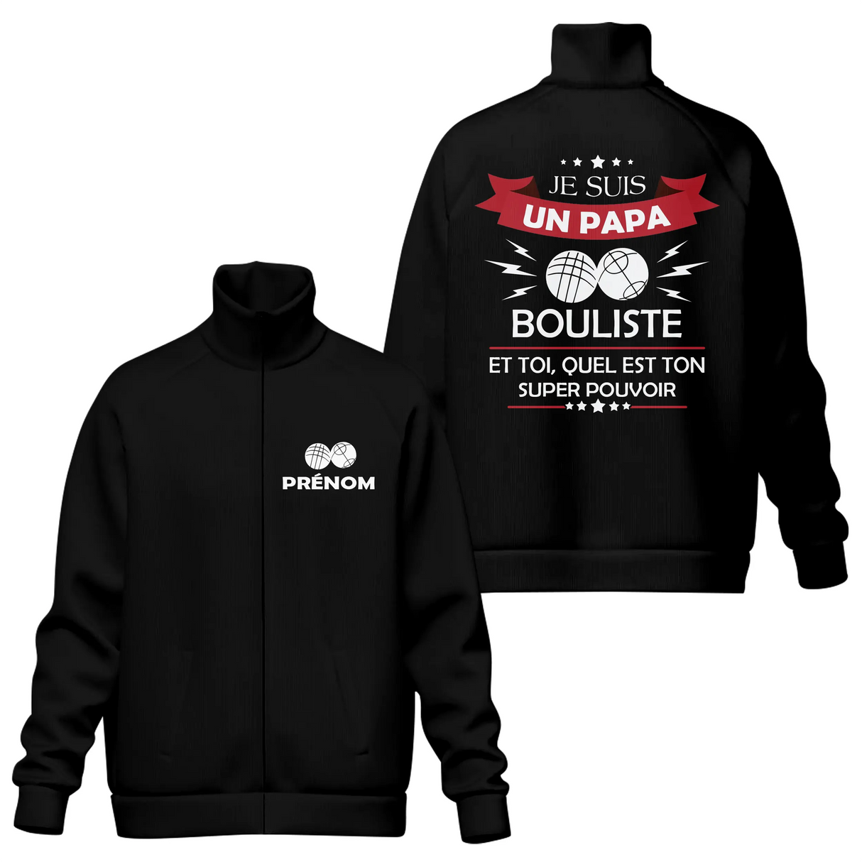 Coupe-vent matelassé papa bouliste pétanque noir avec slogan Je suis un Papa Bouliste et boules