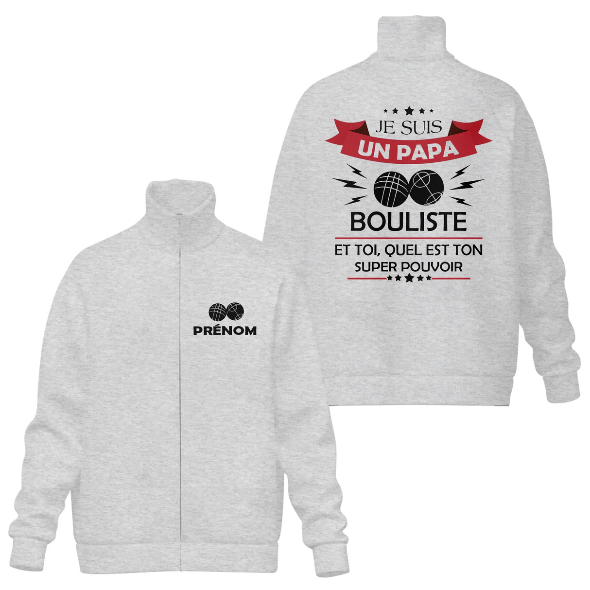 Coupe-vent matelassé papa bouliste pétanque gris chiné avec design boules et slogan super pouvoir