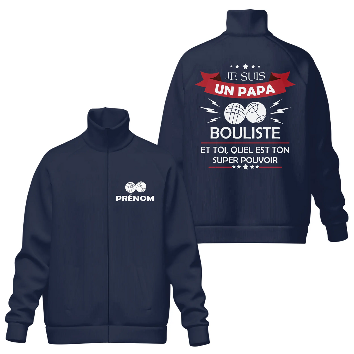 Coupe-vent matelassé papa bouliste pétanque bleu marine avec inscription Papa Bouliste personnalisable