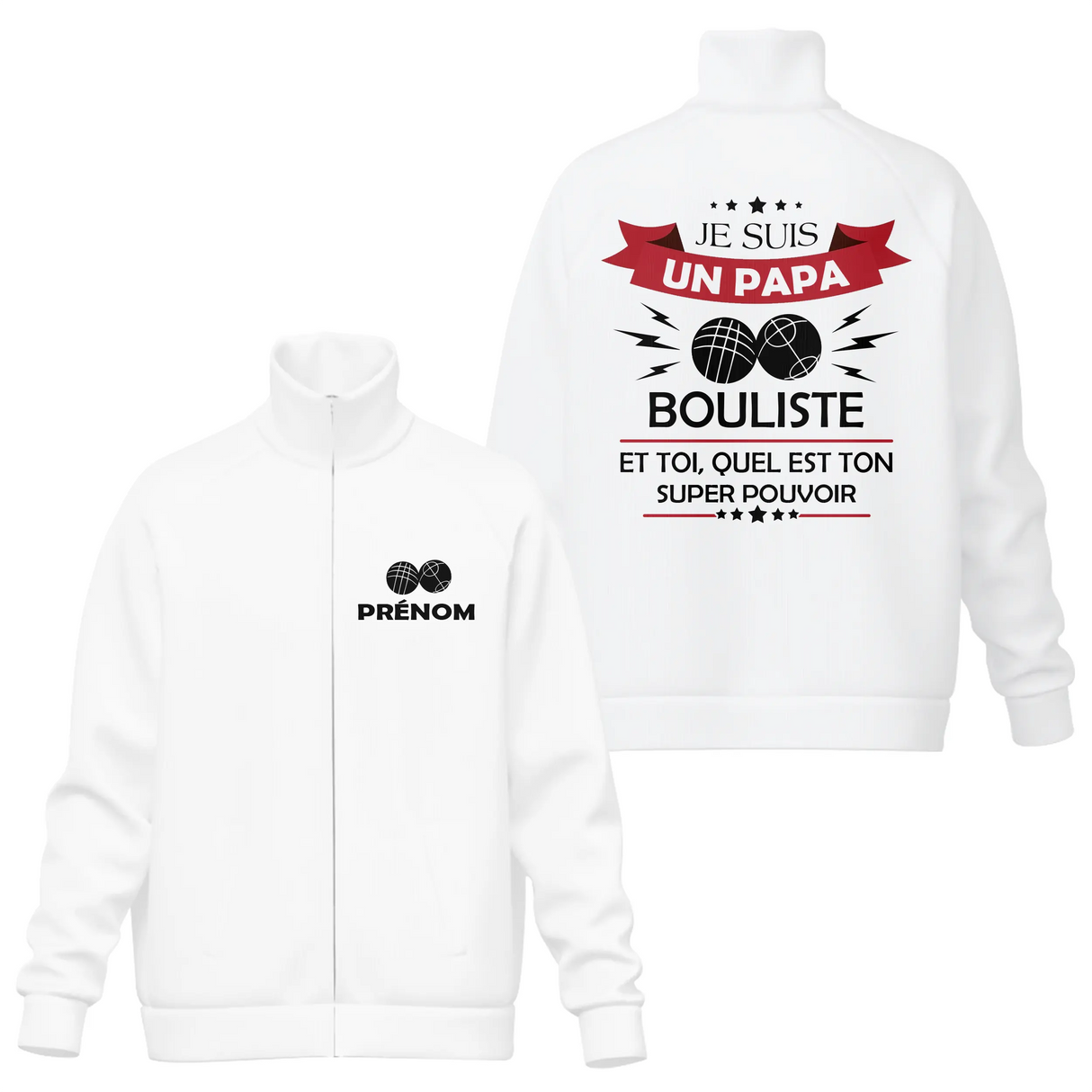 Coupe-vent matelassé papa bouliste pétanque blanc cassé avec design boules entrecroisées et éclairs rouges