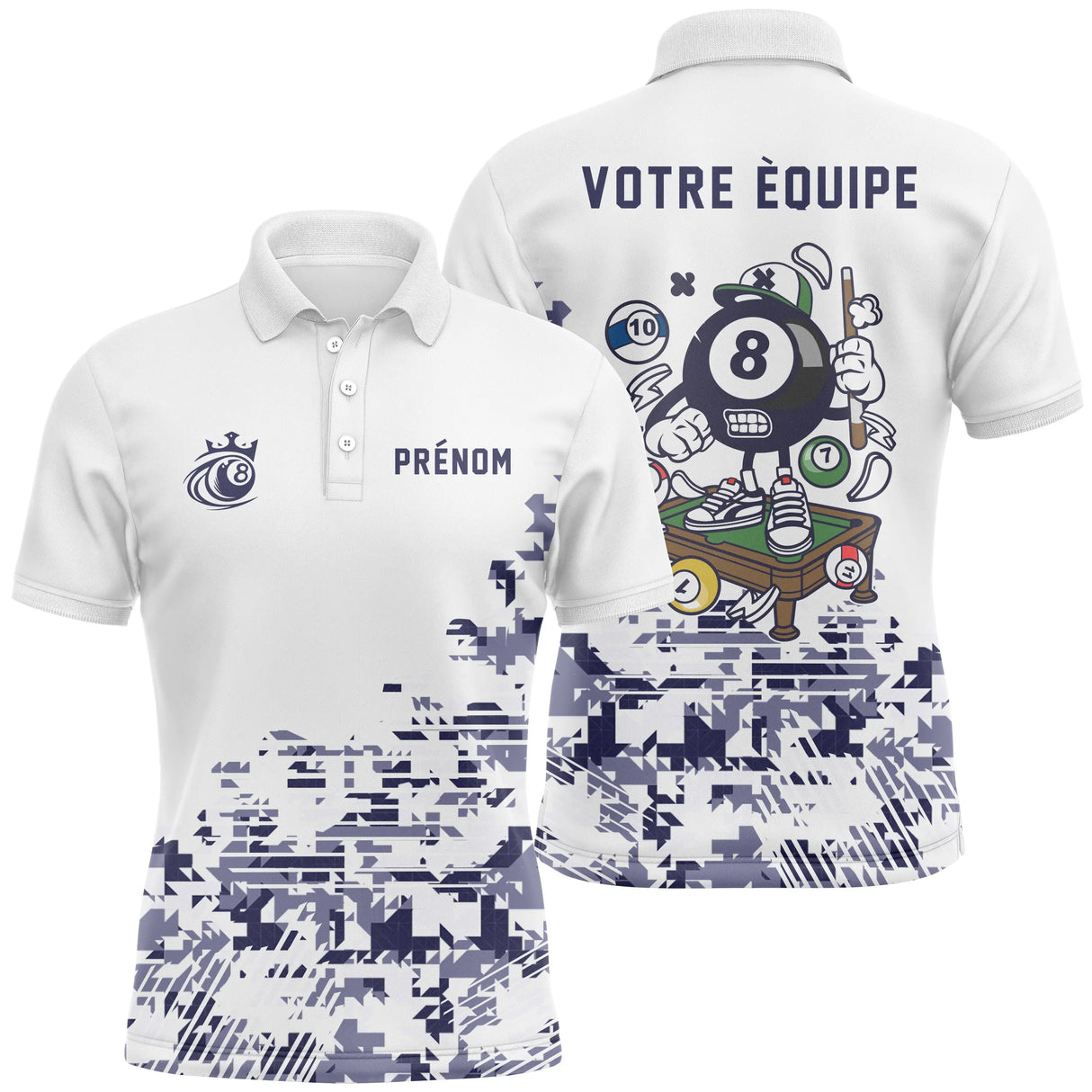 Polo billard blanc et camouflage violet homme avec boule 8 et table de billard, prénom et équipe personnalisés