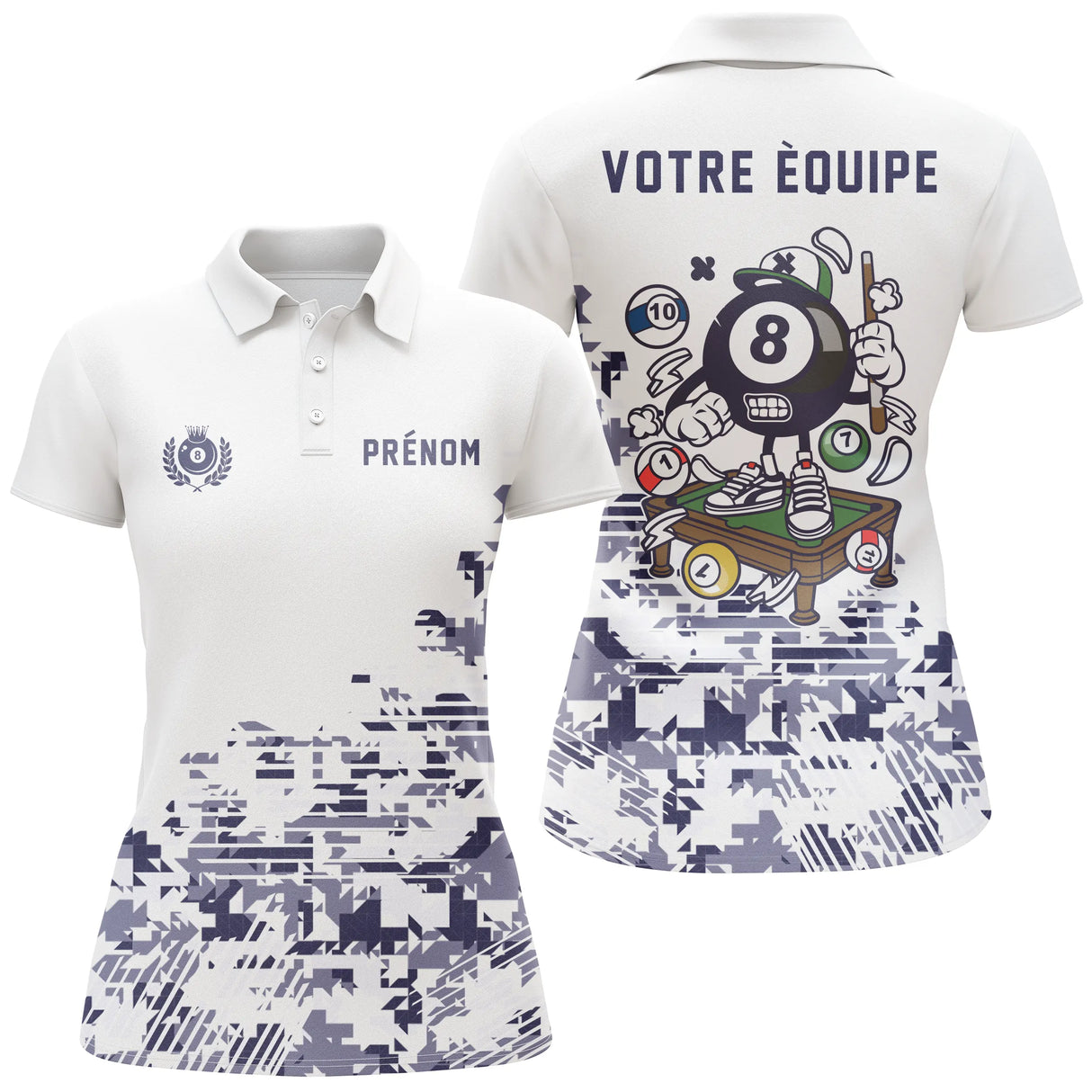Polo billard blanc camouflage violet femme avec boule 8 et écusson VOTRE ÉQUIPE, prénom personnalisé