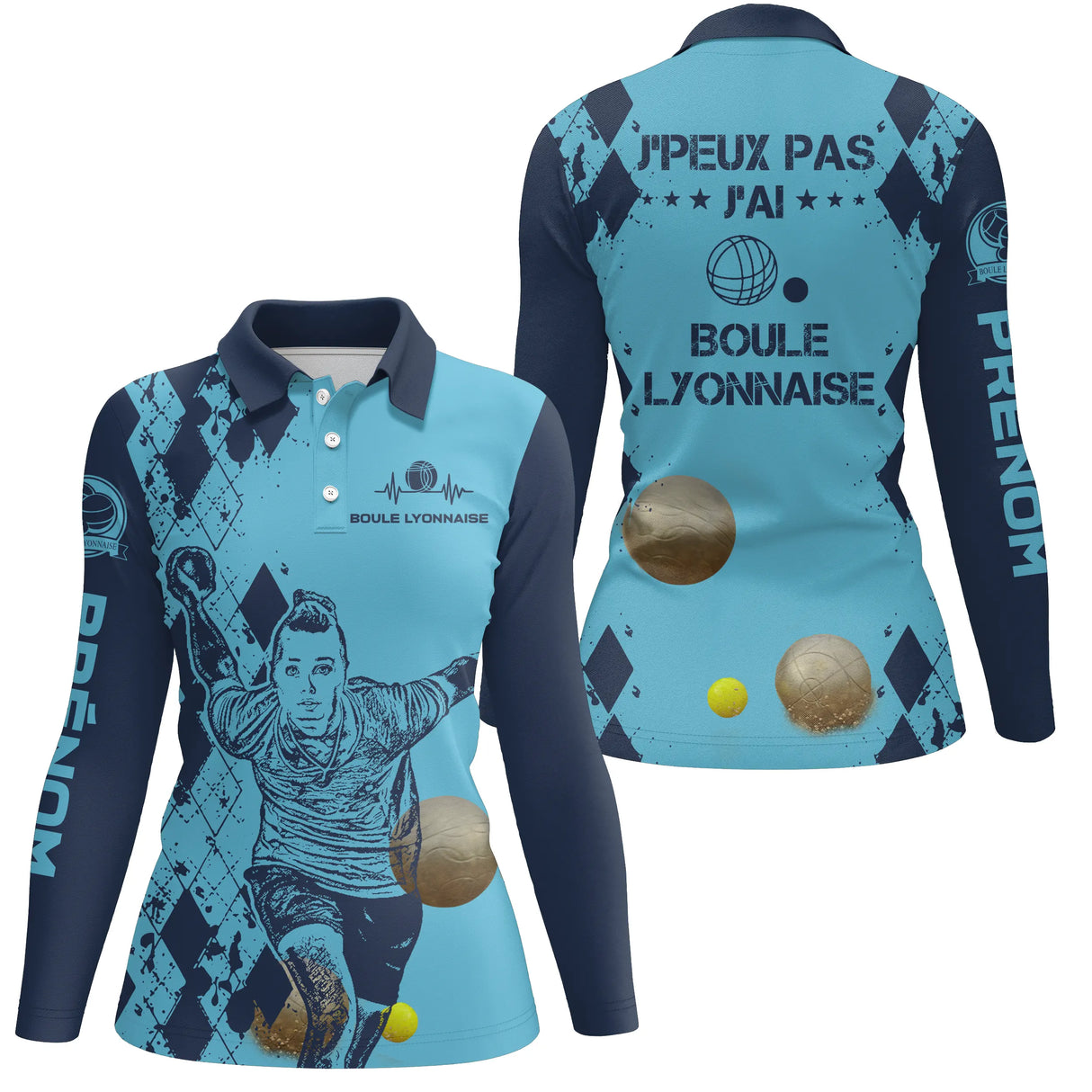 Polo boule lyonnaise manches longues femme bleu humour devant prénom personnalisé