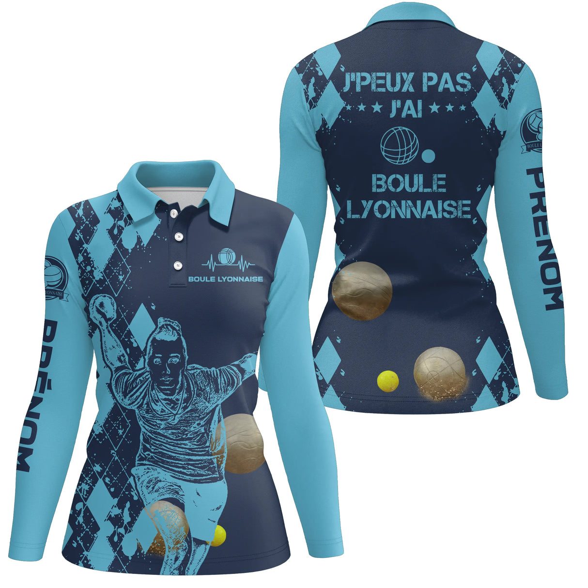 Polo boule lyonnaise manches longues femme bleu marine humour devant prénom personnalisé