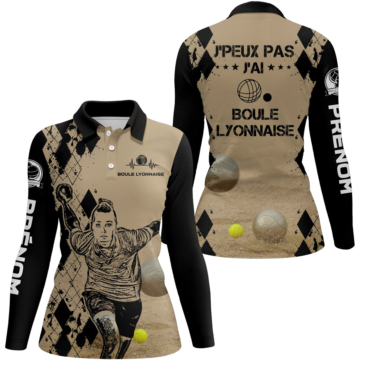 Polo boule lyonnaise manches longues femme sable humour devant prénom personnalisé
