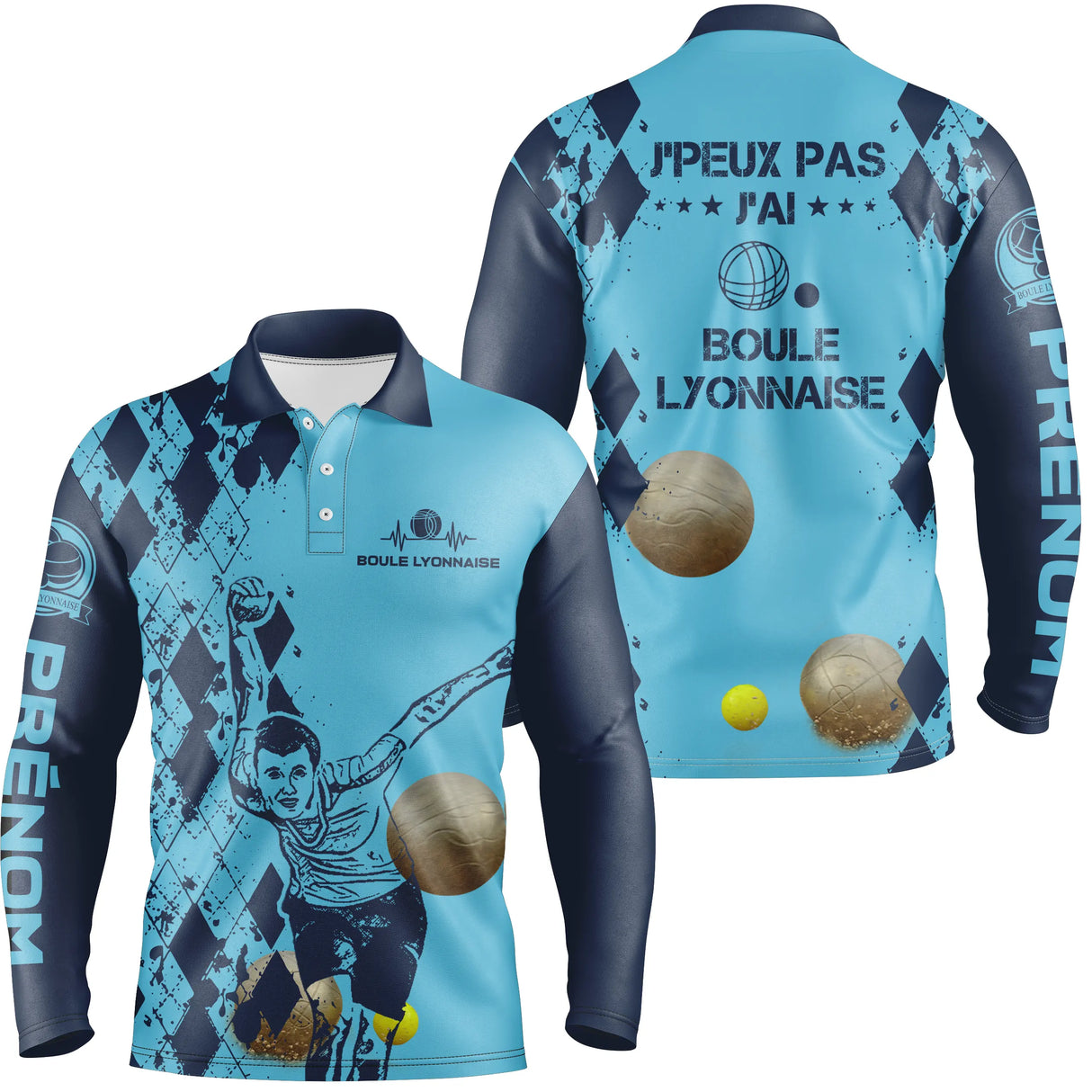 Polo boule lyonnaise manches longues homme bleu humour devant prénom bouliste personnalisé
