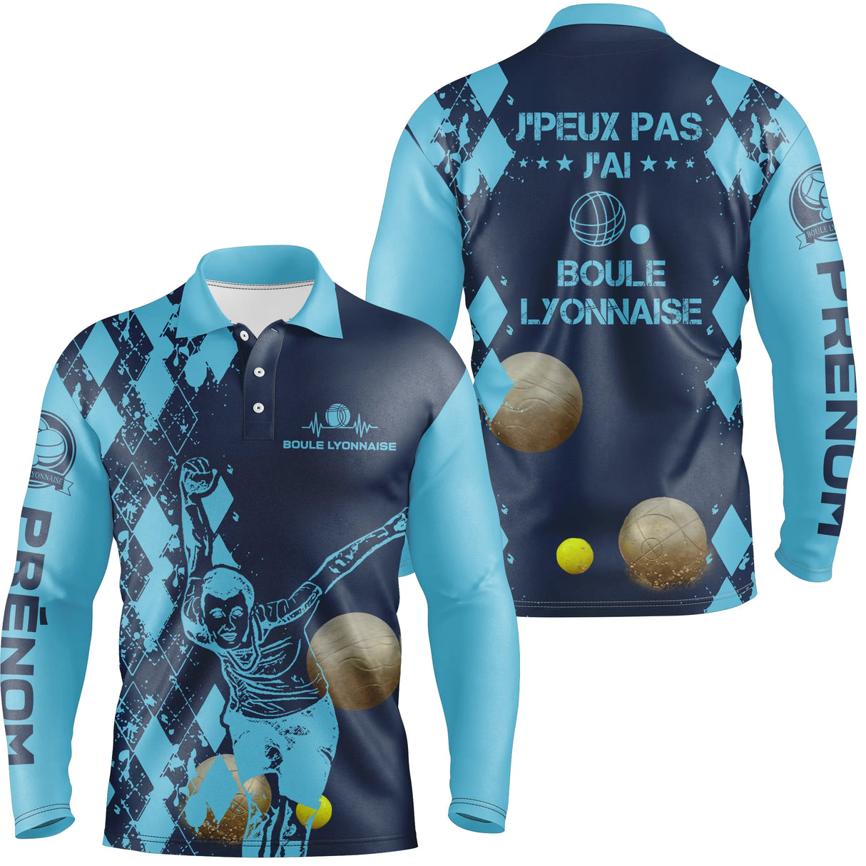 Polo boule lyonnaise manches longues homme bleu marine humour devant prénom personnalisé