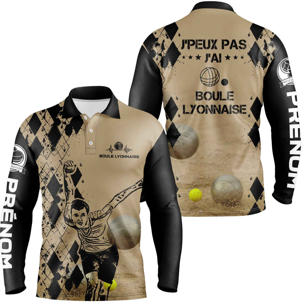 Polo boule lyonnaise manches longues homme sable humour devant prénom personnalisé