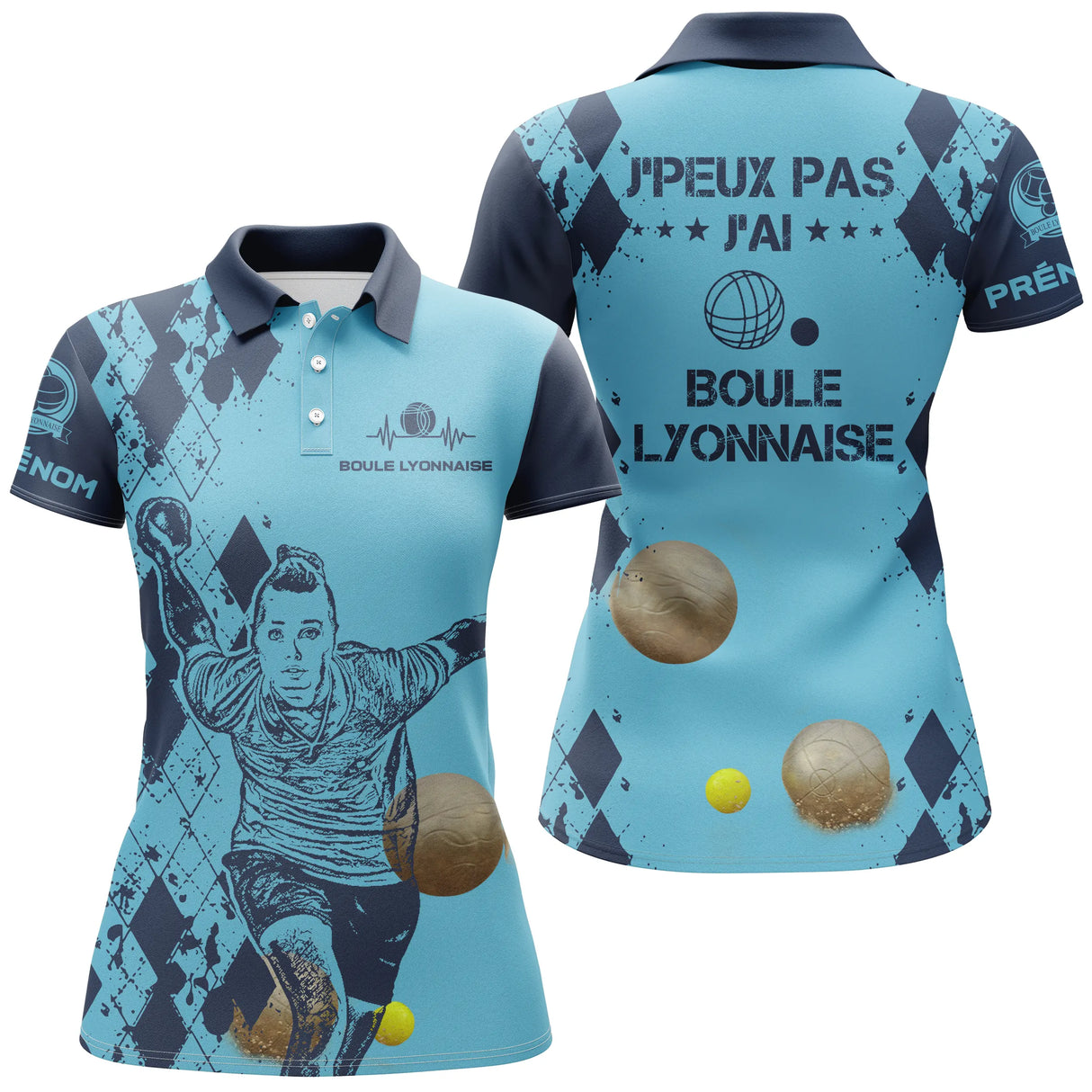 Polo boule lyonnaise femme bleu humour j'peux pas devant prénom manche bouliste personnalisé