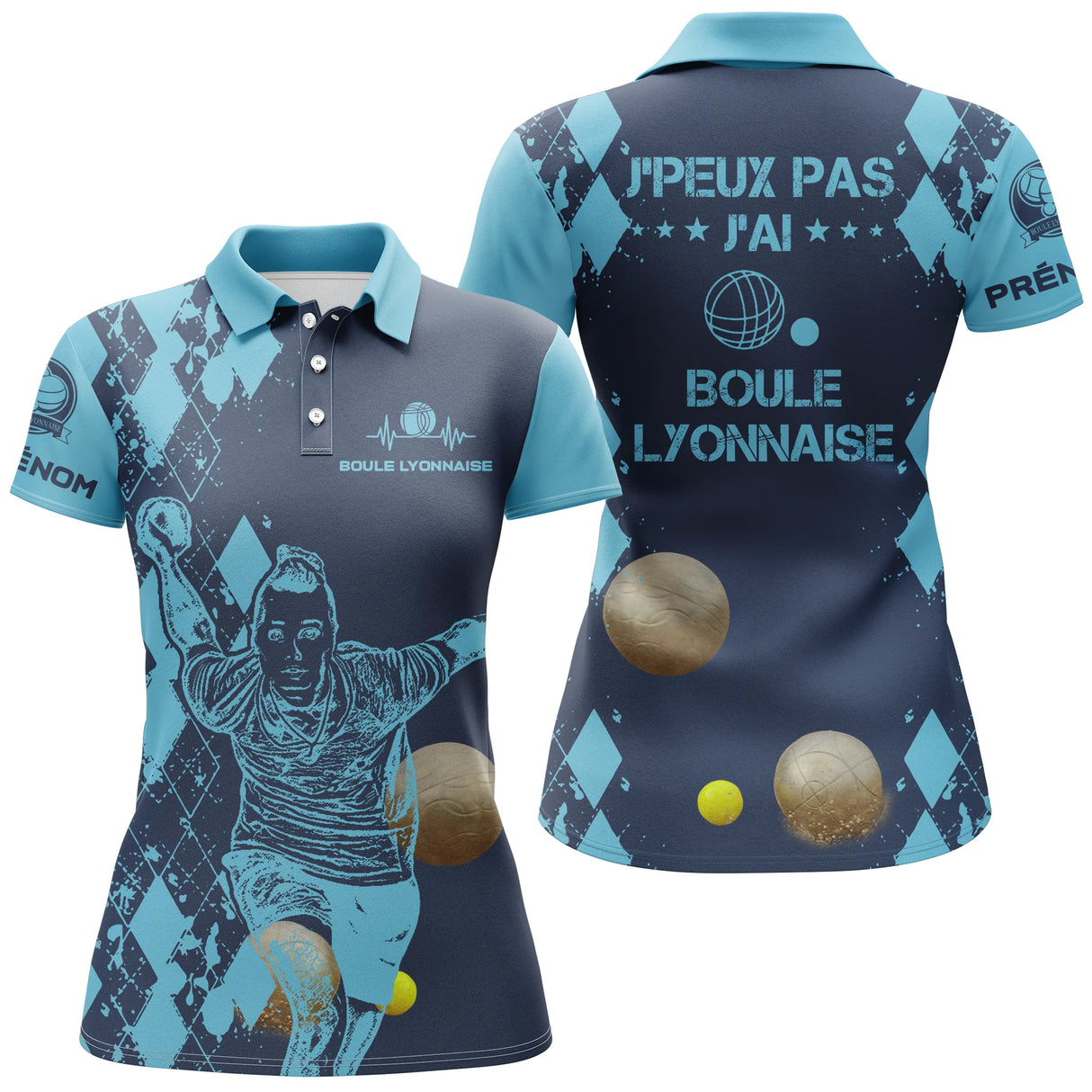 Polo boule lyonnaise femme bleu marine humour devant prénom manche personnalisé