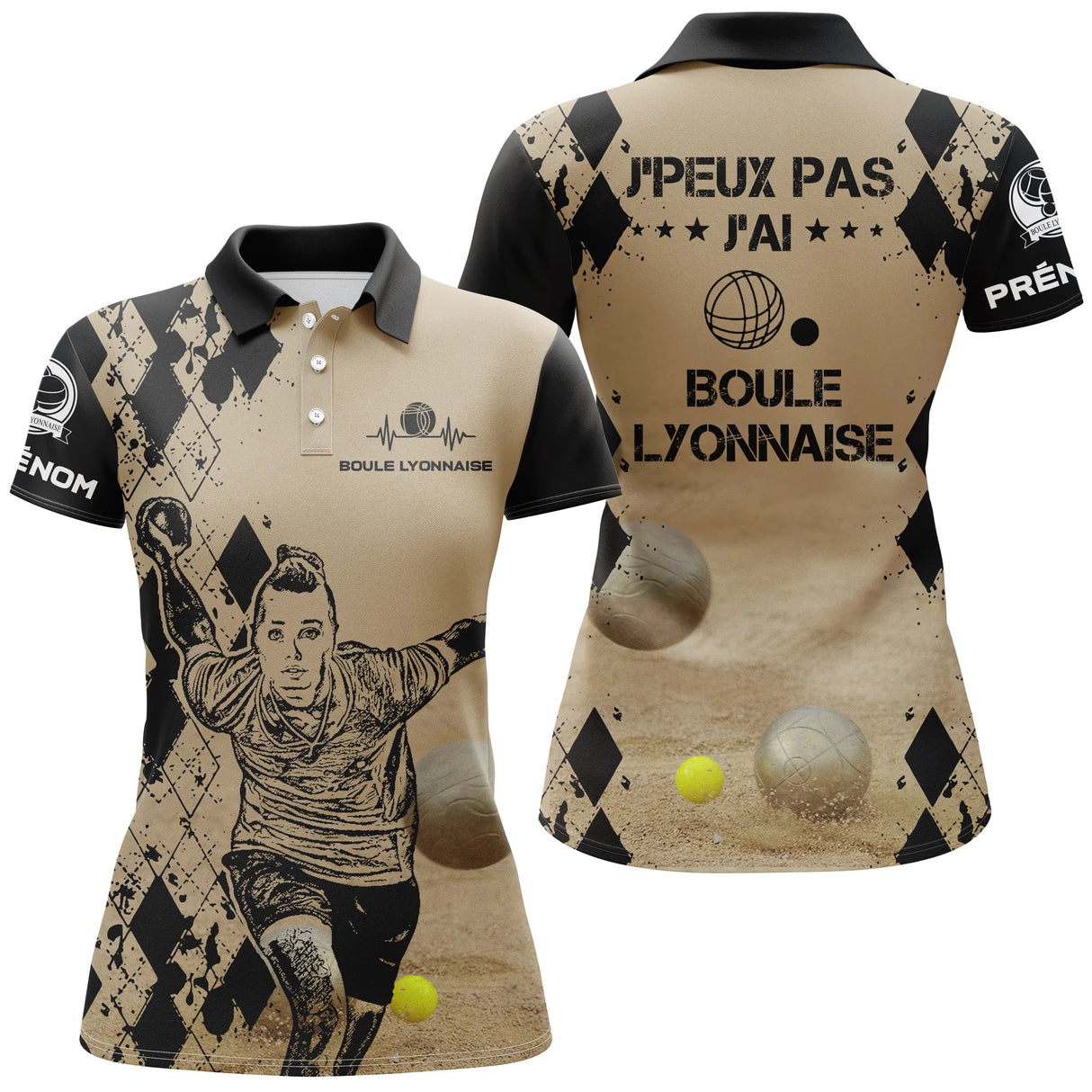 Polo boule lyonnaise femme sable humour j'peux pas devant prénom manche bouliste personnalisé