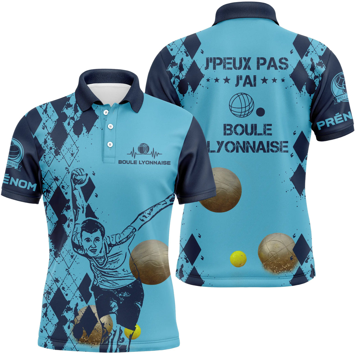 Polo boule lyonnaise homme bleu visuel humour j'peux pas devant prénom manche bouliste personnalisé