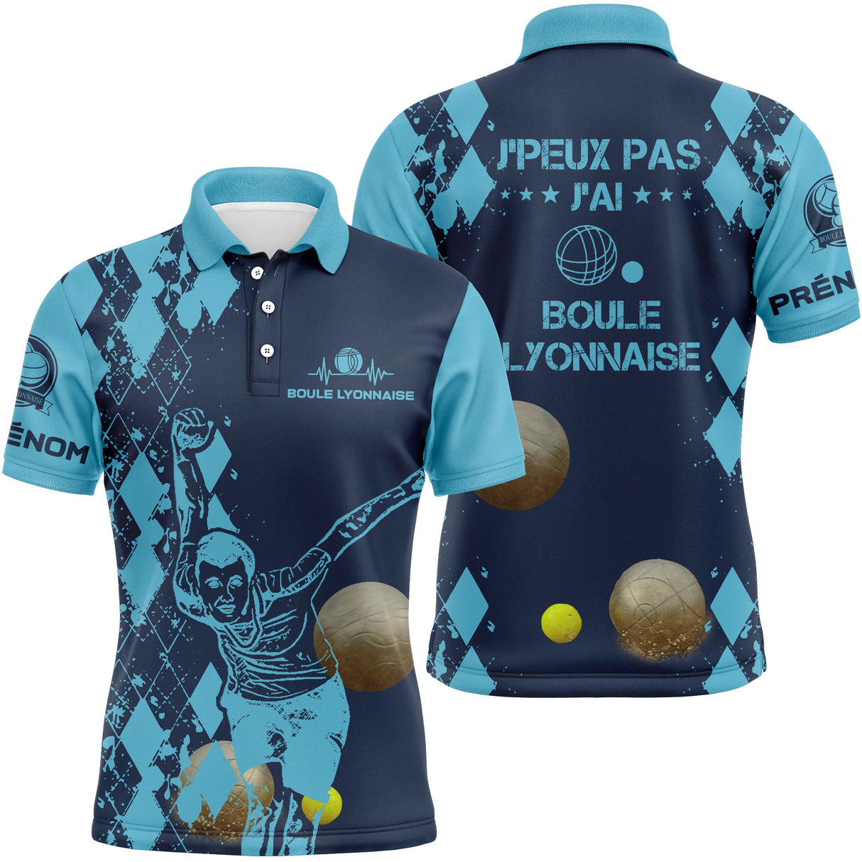 Polo boule lyonnaise homme bleu marine humour j'peux pas devant prénom manche personnalisé