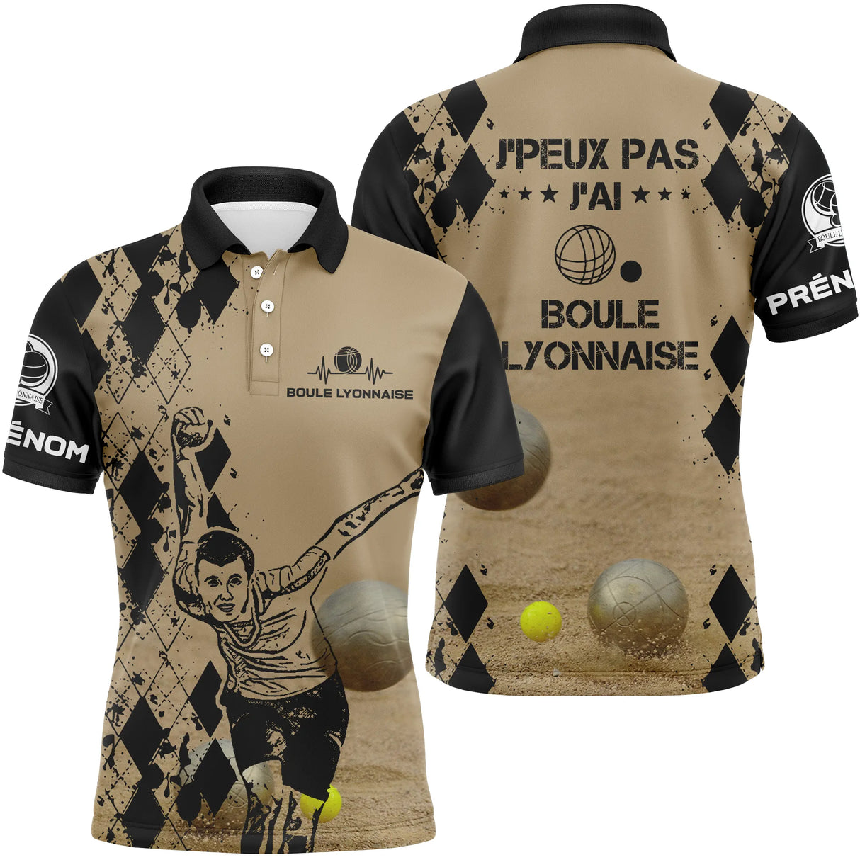 Polo boule lyonnaise homme sable visuel humour j'peux pas devant prénom manche bouliste personnalisé