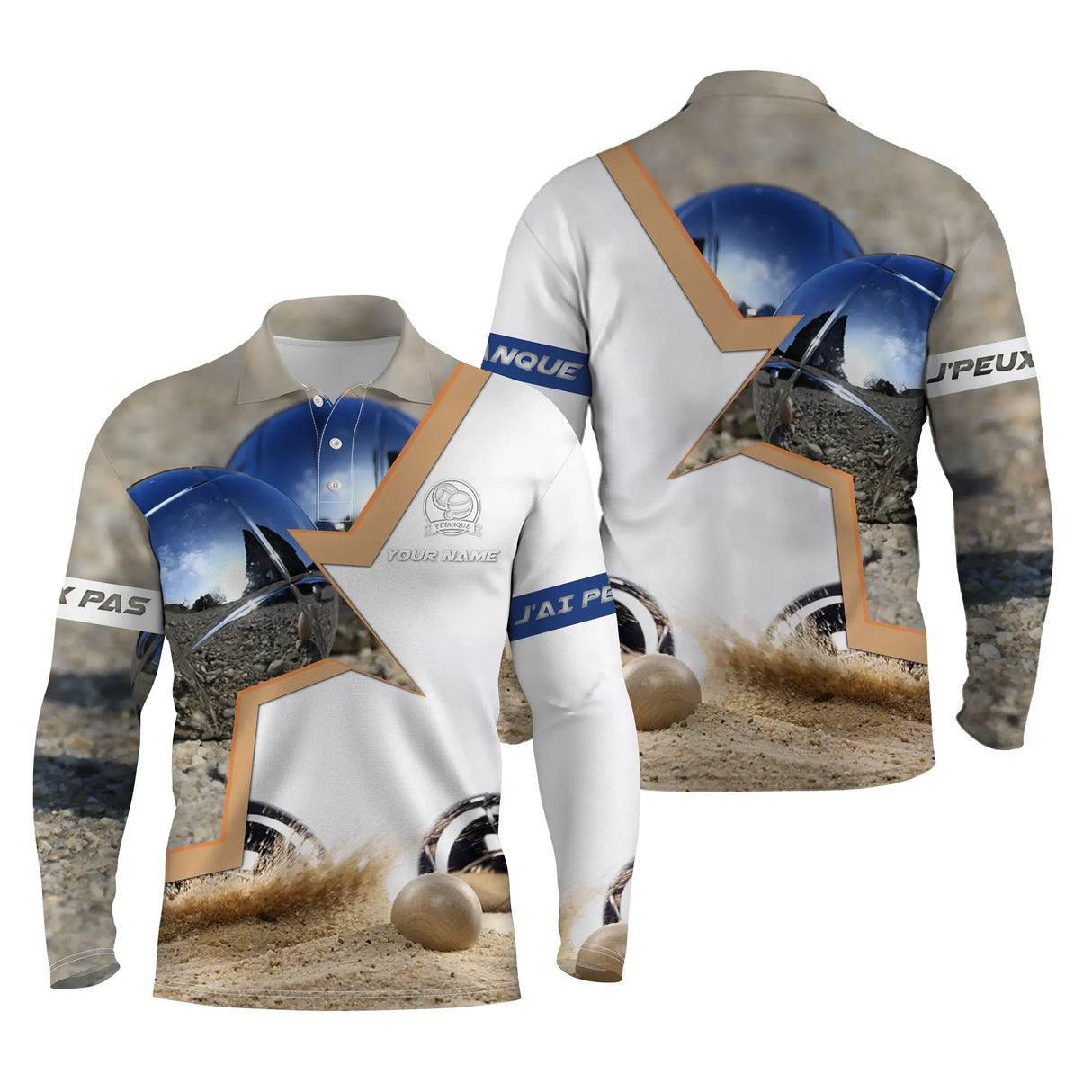 Polo pétanque manches longues unisexe bleu marine moderne, marquage prénom pour bouliste